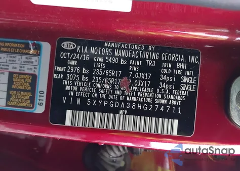 2017 Kia Sorento 2.4L Lx from USA, damaged, VIN 5XYPGDA38HG274711